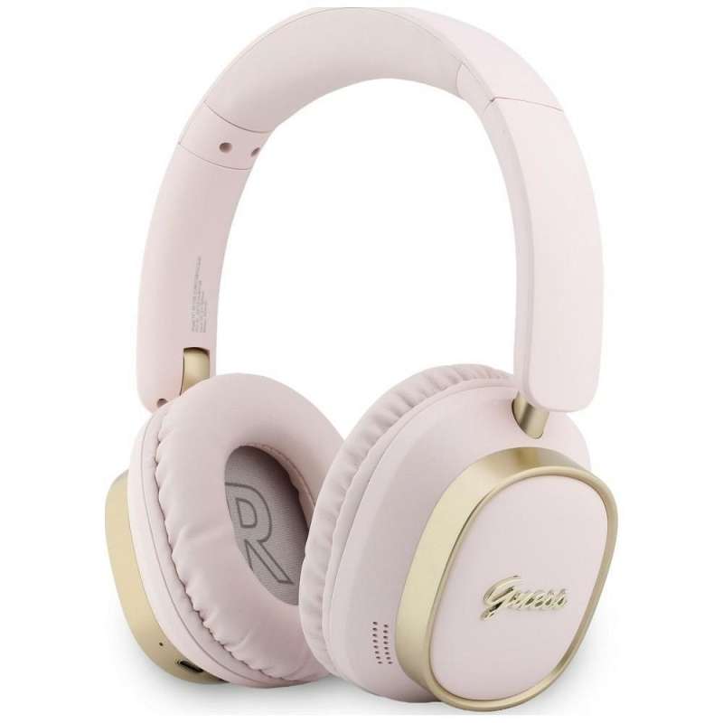 SPOTT-GR GUESS Rectangle Metal Script Headphones- Ασύρματα Over-Ear Aκουστικά Bluetooth με ENC (Ακύρωση Θορύβου) σε Ροζ Χρώμα