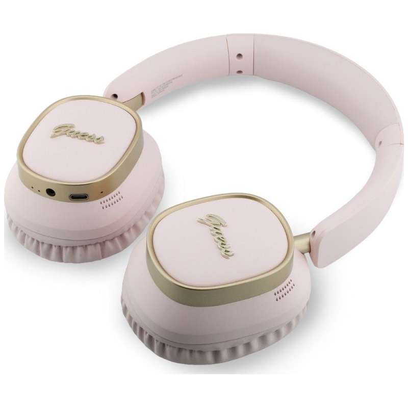 SPOTT-GR GUESS Rectangle Metal Script Headphones- Ασύρματα Over-Ear Aκουστικά Bluetooth με ENC (Ακύρωση Θορύβου) σε Ροζ Χρώμα