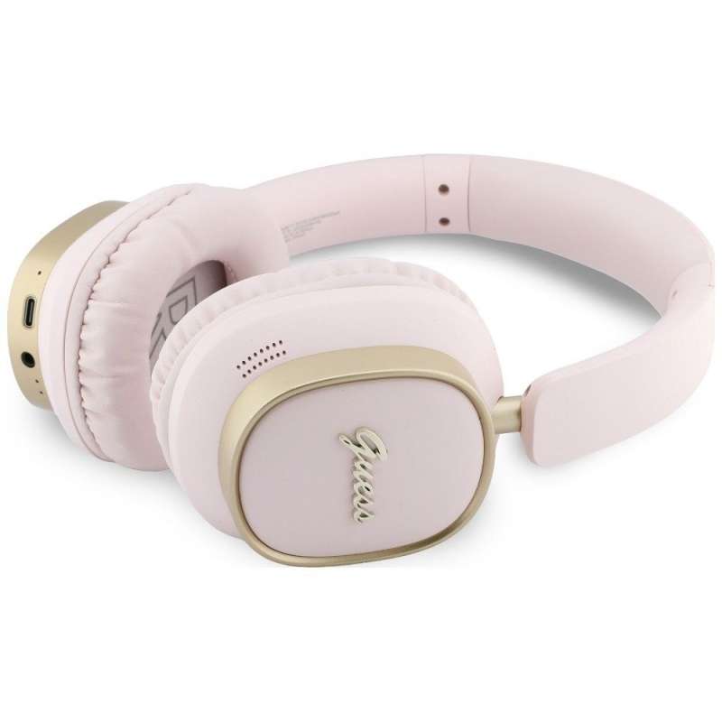 SPOTT-GR GUESS Rectangle Metal Script Headphones- Ασύρματα Over-Ear Aκουστικά Bluetooth με ENC (Ακύρωση Θορύβου) σε Ροζ Χρώμα