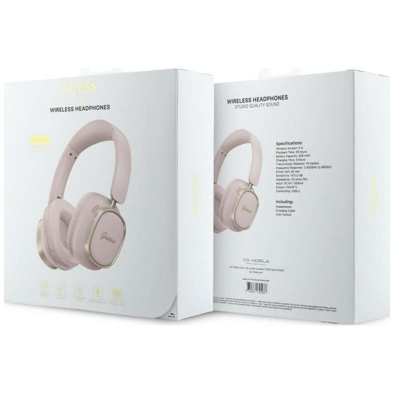 SPOTT-GR GUESS Rectangle Metal Script Headphones- Ασύρματα Over-Ear Aκουστικά Bluetooth με ENC (Ακύρωση Θορύβου) σε Ροζ Χρώμα