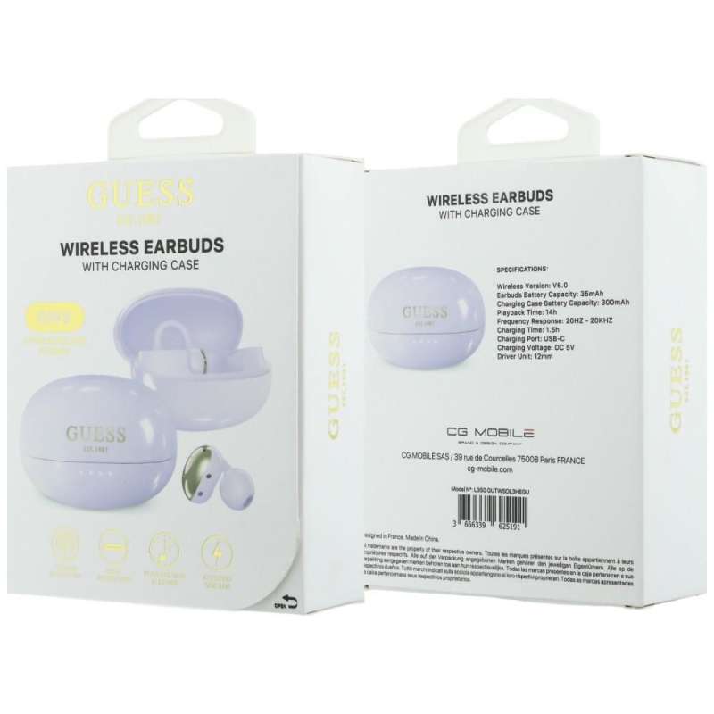SPOTT-GR GUESS Metalic Finish Electropated Parts Classic Logo Earbuds - Ασύρματα In-Ear Ακουστικά Bluetooth σε Μωβ Χρώμα