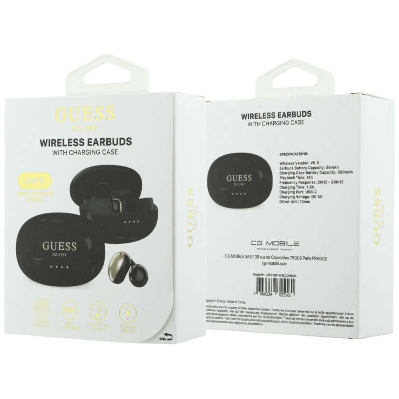 SPOTT-GR GUESS Metalic Finish Electropated Parts Classic Logo Earbuds - Ασύρματα In-Ear Ακουστικά Bluetooth σε Μαύρο Χρώμα
