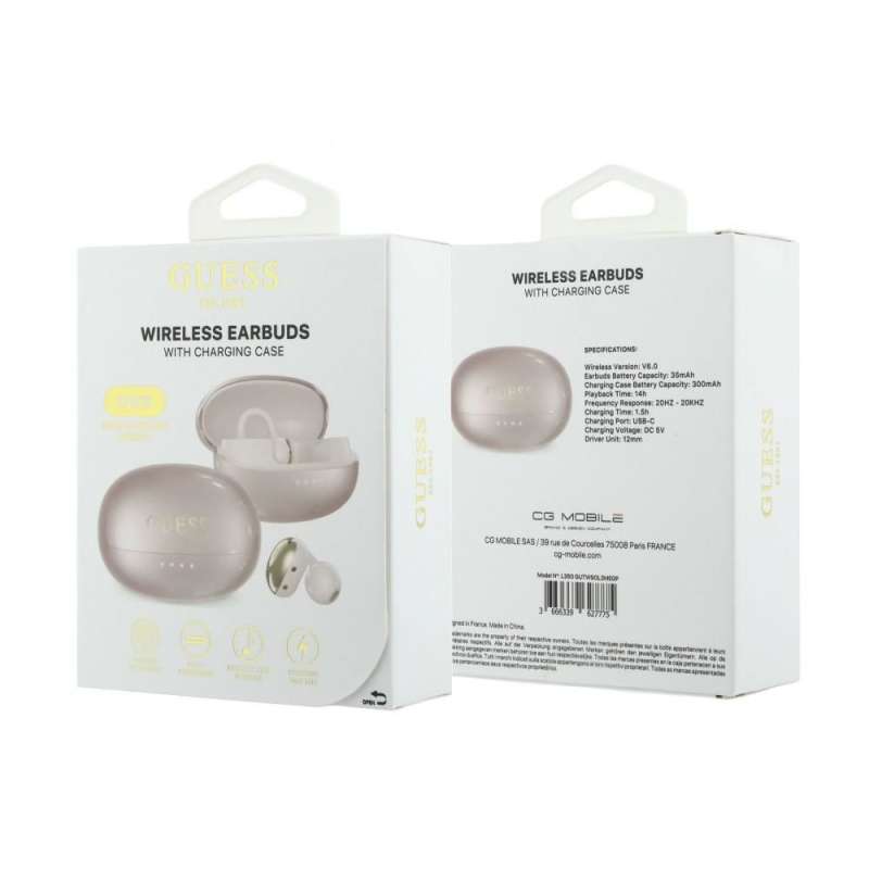 SPOTT-GR GUESS Metalic Finish Electropated Parts Classic Logo Earbuds - Ασύρματα In-Ear Ακουστικά Bluetooth σε Ροζ Χρώμα