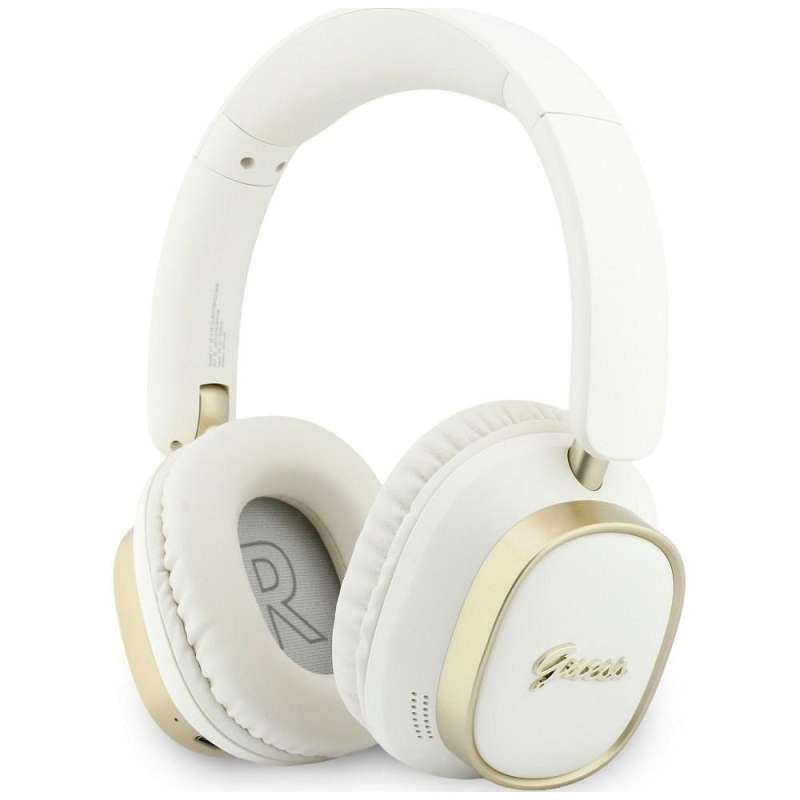 SPOTT-GR GUESS Rectangle Metal Script Headphones- Ασύρματα Over-Ear Aκουστικά Bluetooth με ENC (Ακύρωση Θορύβου) σε Άσπρο Χρώμα