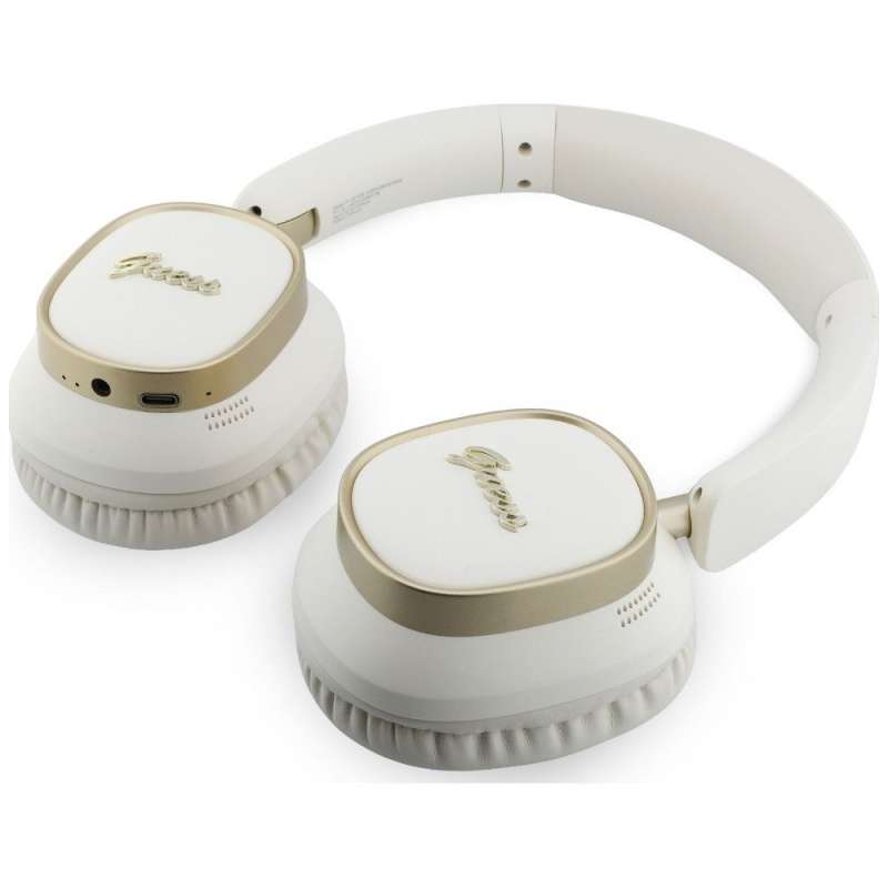 SPOTT-GR GUESS Rectangle Metal Script Headphones- Ασύρματα Over-Ear Aκουστικά Bluetooth με ENC (Ακύρωση Θορύβου) σε Άσπρο Χρώμα