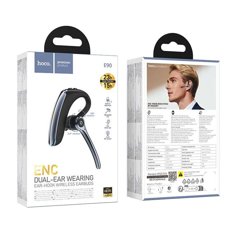 SPOTT-GR Hoco E90 - Ασύρματο In-Ear Mono Επαγγελματικό Bluetooth Headset με ENC (Ακύρωση Θορύβου) σε Μαύρο Χρώμα