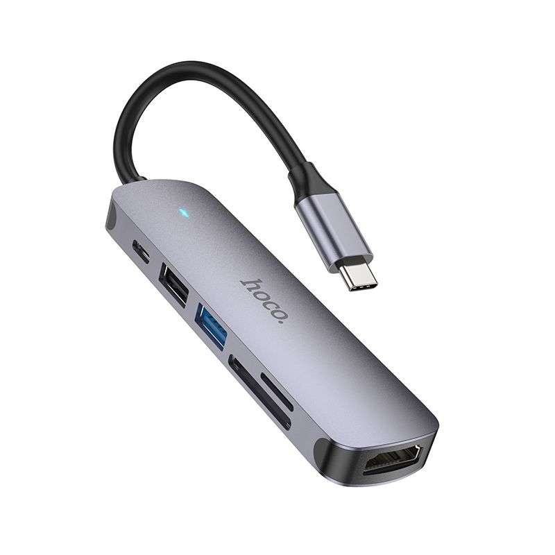 SPOTT-GR Hoco HB28 - USB Hub με Καλώδιο Type-C και Υποδοχές 1x USB-A 3.0, 1x USB 2.0, 1x Type-C, 1x SD/MicroSD και 1x HDMI σε Γκρι Χρώμα