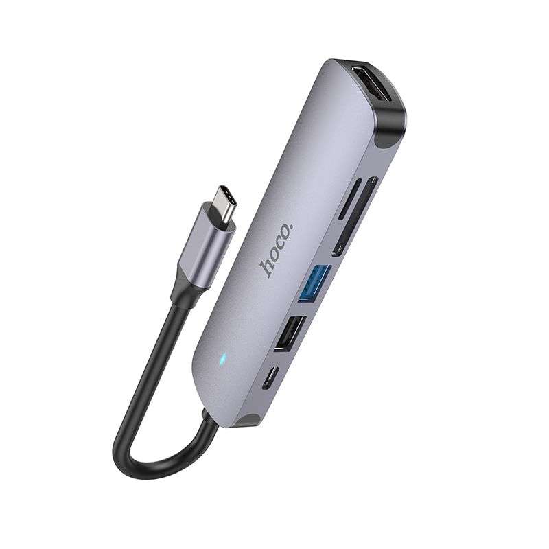 SPOTT-GR Hoco HB28 - USB Hub με Καλώδιο Type-C και Υποδοχές 1x USB-A 3.0, 1x USB 2.0, 1x Type-C, 1x SD/MicroSD και 1x HDMI σε Γκρι Χρώμα