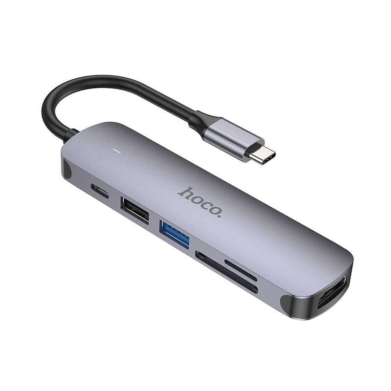 SPOTT-GR Hoco HB28 - USB Hub με Καλώδιο Type-C και Υποδοχές 1x USB-A 3.0, 1x USB 2.0, 1x Type-C, 1x SD/MicroSD και 1x HDMI σε Γκρι Χρώμα