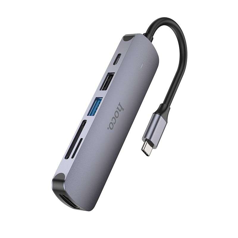 SPOTT-GR Hoco HB28 - USB Hub με Καλώδιο Type-C και Υποδοχές 1x USB-A 3.0, 1x USB 2.0, 1x Type-C, 1x SD/MicroSD και 1x HDMI σε Γκρι Χρώμα
