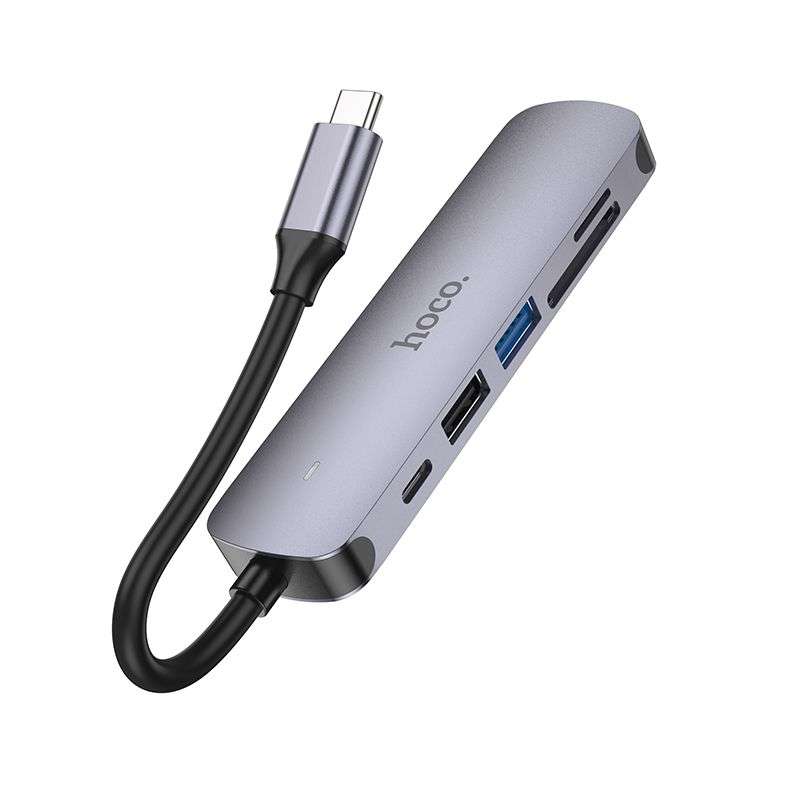 SPOTT-GR Hoco HB28 - USB Hub με Καλώδιο Type-C και Υποδοχές 1x USB-A 3.0, 1x USB 2.0, 1x Type-C, 1x SD/MicroSD και 1x HDMI σε Γκρι Χρώμα