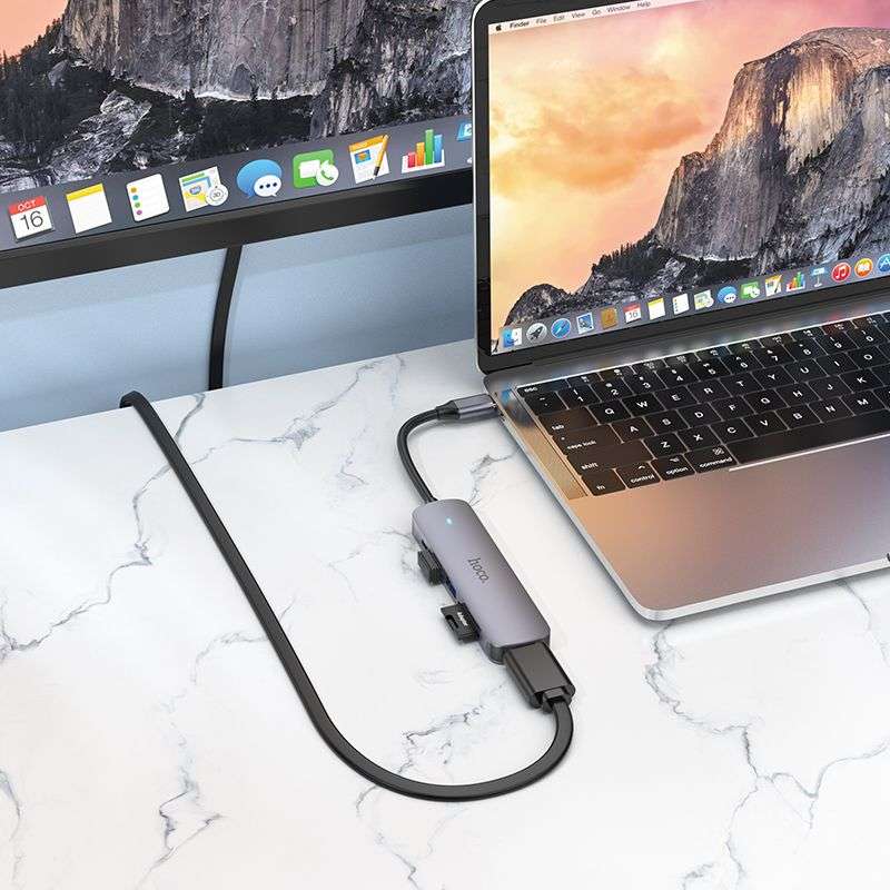 SPOTT-GR Hoco HB28 - USB Hub με Καλώδιο Type-C και Υποδοχές 1x USB-A 3.0, 1x USB 2.0, 1x Type-C, 1x SD/MicroSD και 1x HDMI σε Γκρι Χρώμα
