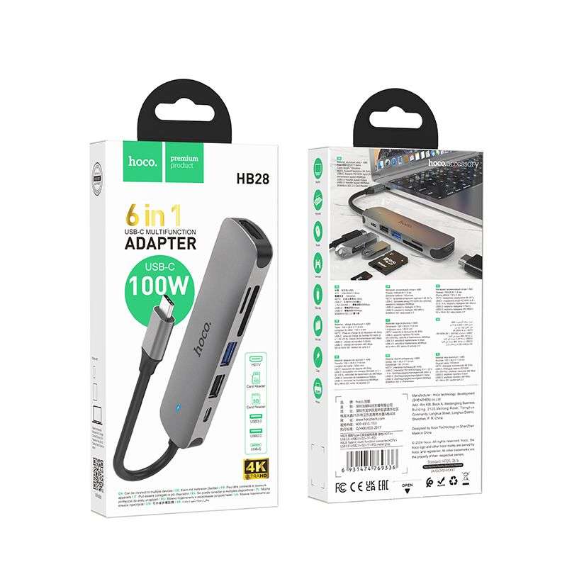 SPOTT-GR Hoco HB28 - USB Hub με Καλώδιο Type-C και Υποδοχές 1x USB-A 3.0, 1x USB 2.0, 1x Type-C, 1x SD/MicroSD και 1x HDMI σε Γκρι Χρώμα