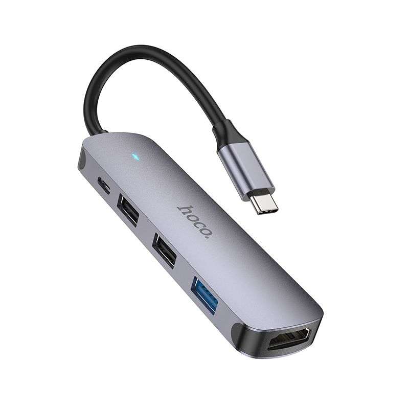 SPOTT-GR Hoco HB27 - USB Hub με Καλώδιο Type-C και Υποδοχές 1x USB-A 3.0, 2x USB 2.0 και 1x HDMI σε Γκρι Χρώμα