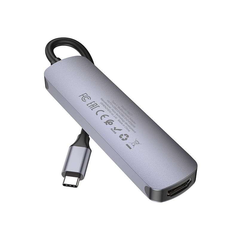SPOTT-GR Hoco HB27 - USB Hub με Καλώδιο Type-C και Υποδοχές 1x USB-A 3.0, 2x USB 2.0 και 1x HDMI σε Γκρι Χρώμα