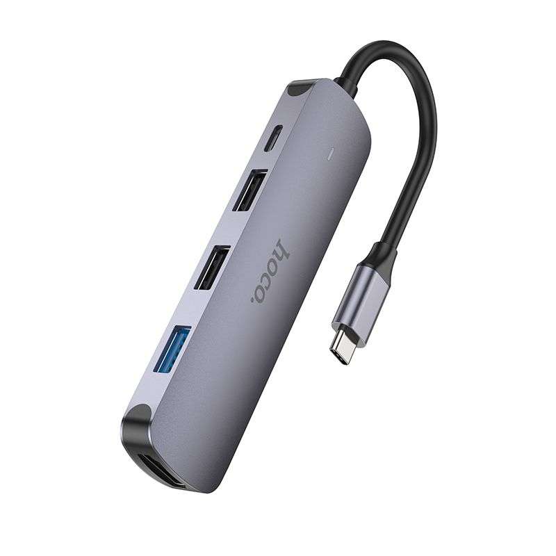 SPOTT-GR Hoco HB27 - USB Hub με Καλώδιο Type-C και Υποδοχές 1x USB-A 3.0, 2x USB 2.0 και 1x HDMI σε Γκρι Χρώμα