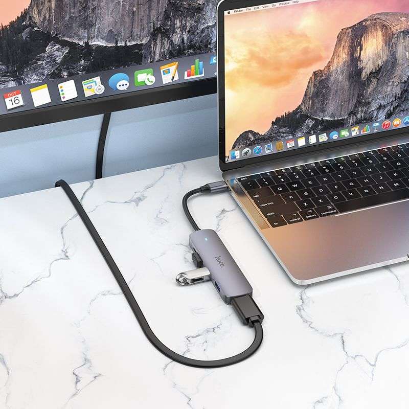 SPOTT-GR Hoco HB27 - USB Hub με Καλώδιο Type-C και Υποδοχές 1x USB-A 3.0, 2x USB 2.0 και 1x HDMI σε Γκρι Χρώμα