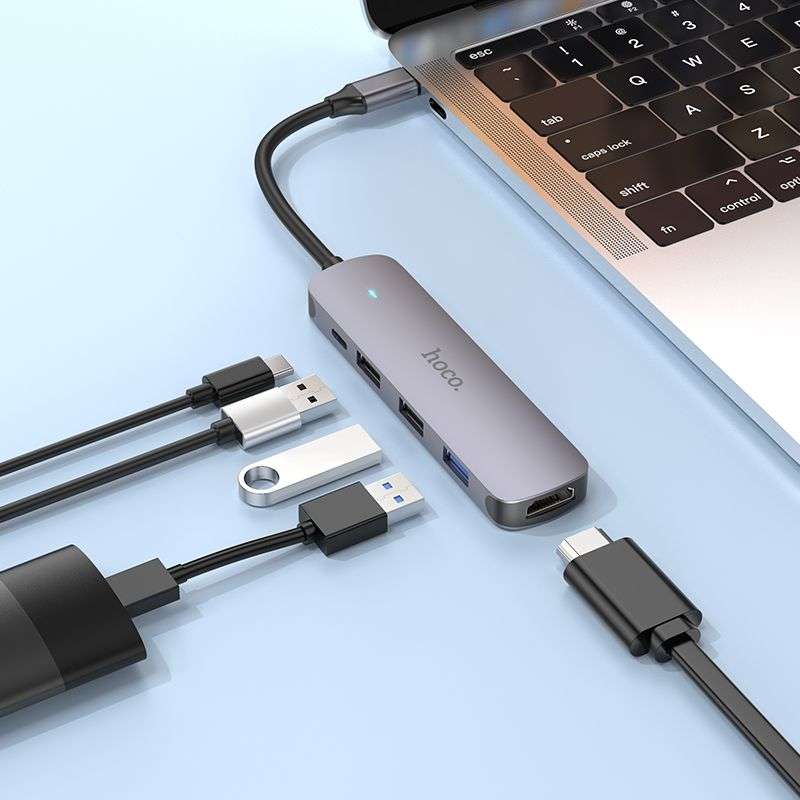 SPOTT-GR Hoco HB27 - USB Hub με Καλώδιο Type-C και Υποδοχές 1x USB-A 3.0, 2x USB 2.0 και 1x HDMI σε Γκρι Χρώμα
