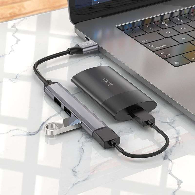 SPOTT-GR Hoco HB26 - USB Hub με Καλώδιο USB-A και Υποδοχές 1x USB-A 3.0 και 3x USB 2.0 σε Γκρι Χρώμα