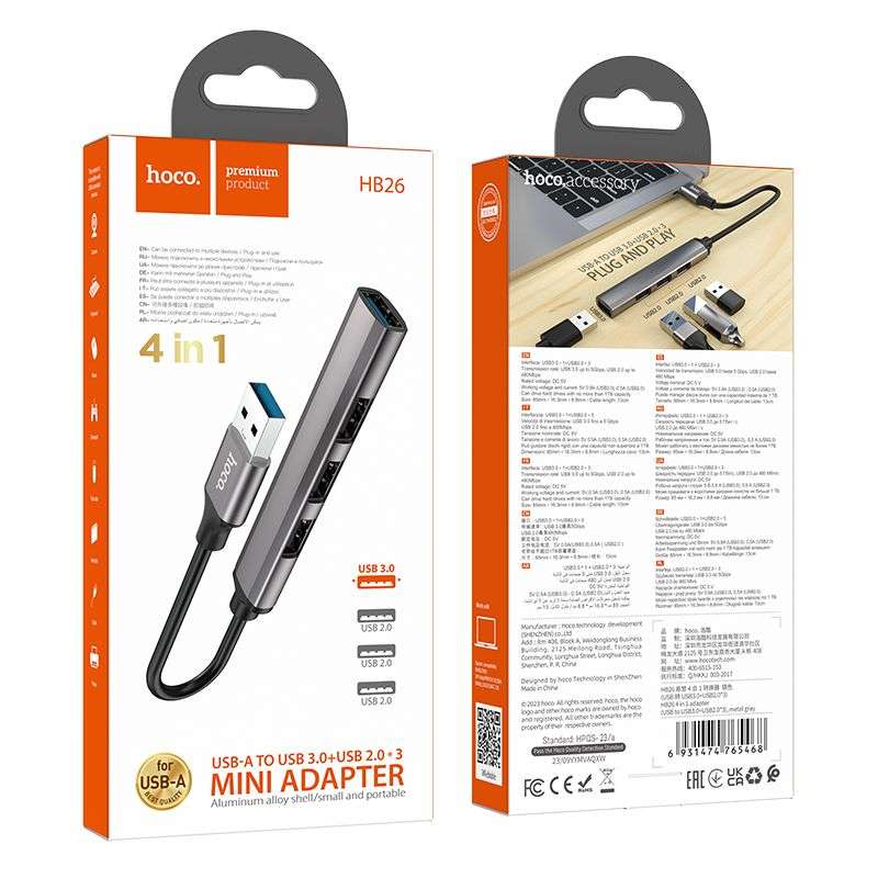 SPOTT-GR Hoco HB26 - USB Hub με Καλώδιο USB-A και Υποδοχές 1x USB-A 3.0 και 3x USB 2.0 σε Γκρι Χρώμα