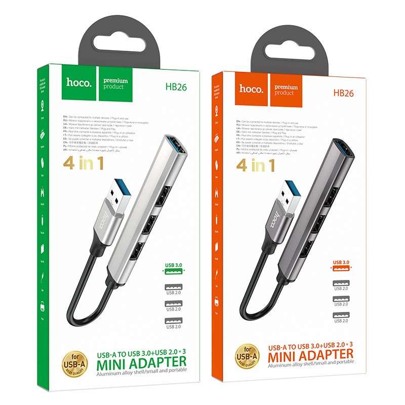 SPOTT-GR Hoco HB26 - USB Hub με Καλώδιο USB-A και Υποδοχές 1x USB-A 3.0 και 3x USB 2.0 σε Γκρι Χρώμα