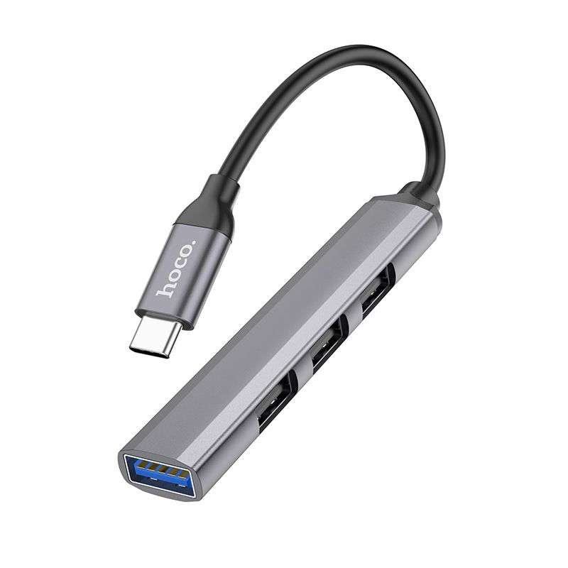 SPOTT-GR Hoco HB26 - USB Hub με Καλώδιο Type-C και Υποδοχές 1x USB-A 3.0 και 3x USB 2.0 σε Γκρι Χρώμα