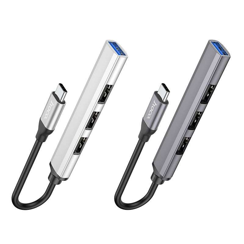SPOTT-GR Hoco HB26 - USB Hub με Καλώδιο Type-C και Υποδοχές 1x USB-A 3.0 και 3x USB 2.0 σε Γκρι Χρώμα