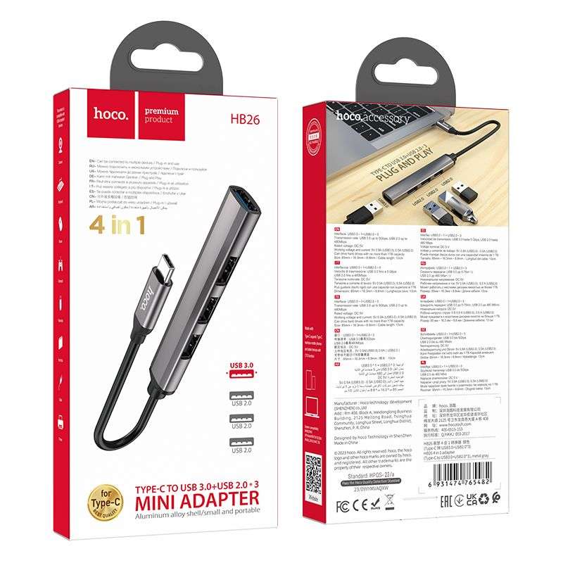 SPOTT-GR Hoco HB26 - USB Hub με Καλώδιο Type-C και Υποδοχές 1x USB-A 3.0 και 3x USB 2.0 σε Γκρι Χρώμα