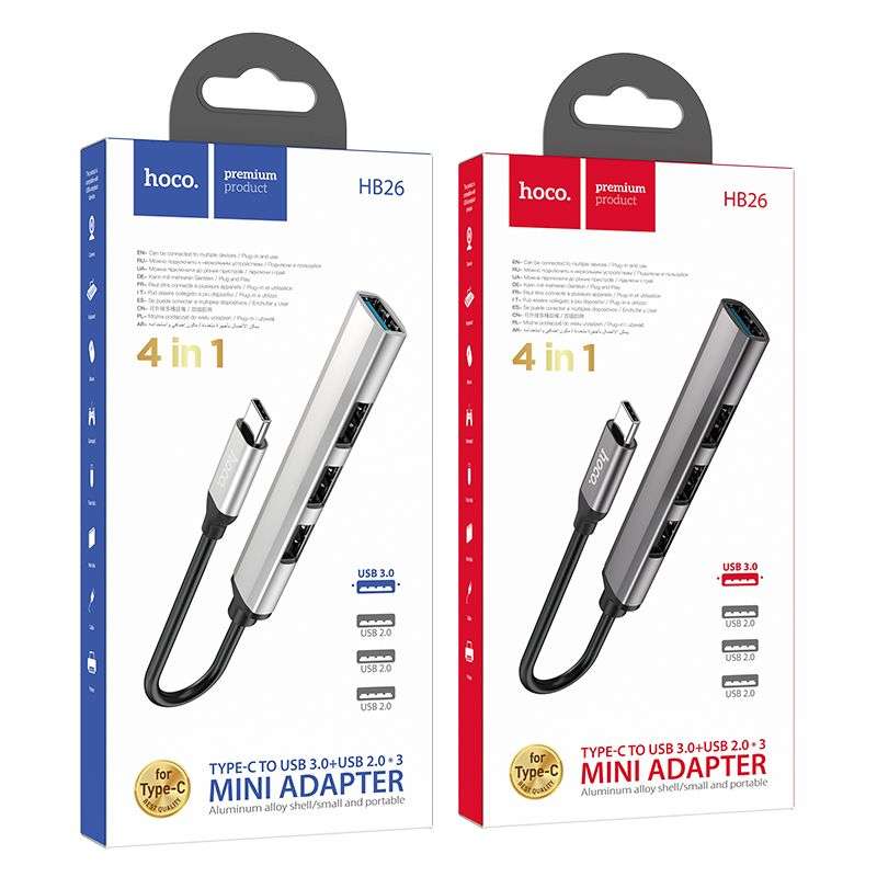 SPOTT-GR Hoco HB26 - USB Hub με Καλώδιο Type-C και Υποδοχές 1x USB-A 3.0 και 3x USB 2.0 σε Γκρι Χρώμα