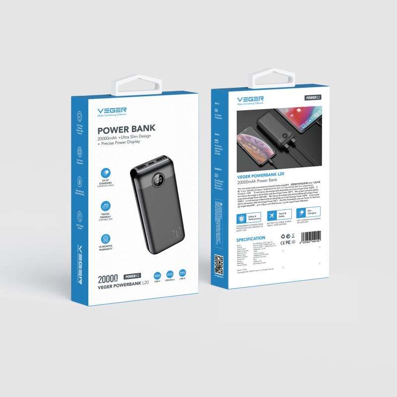 SPOTT-GR Veger L20S - Power Bank 20000mAh (PD Quick Charge 3.0 2A 20W) σε Μαύρο Χρώμα (VP2039PD / W2039PD)