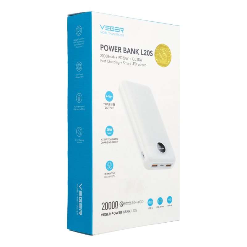 SPOTT-GR Veger L20S - Power Bank 20000mAh (PD Quick Charge 3.0 2A 20W) σε Άσπρο Χρώμα (VP2039PD / W2039PD)
