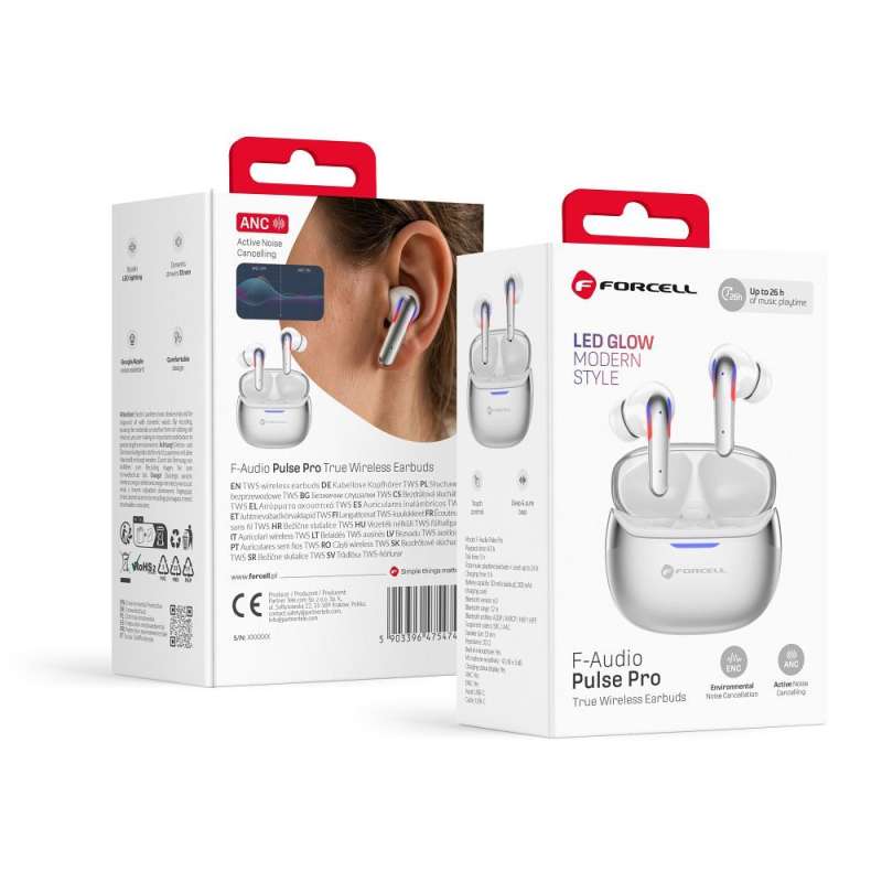 SPOTT-GR Forcell F-Audio Pulse Pro - Ασύρματα In-Ear Ακουστικά Bluetooth με ANC και ENC (Ακύρωση Θορύβου) σε Ασημί Χρώμα