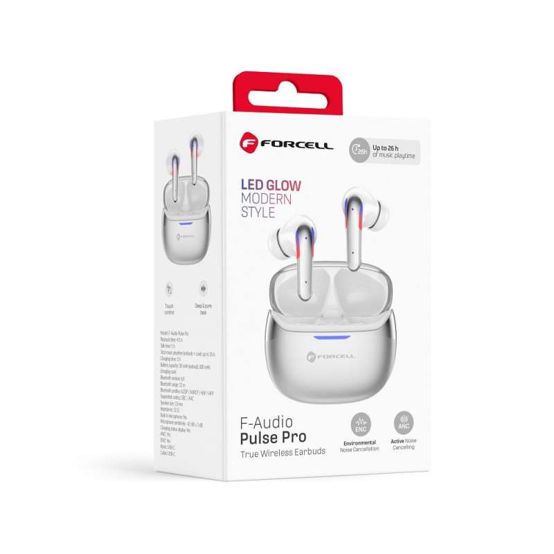 SPOTT-GR Forcell F-Audio Pulse Pro - Ασύρματα In-Ear Ακουστικά Bluetooth με ANC και ENC (Ακύρωση Θορύβου) σε Ασημί Χρώμα